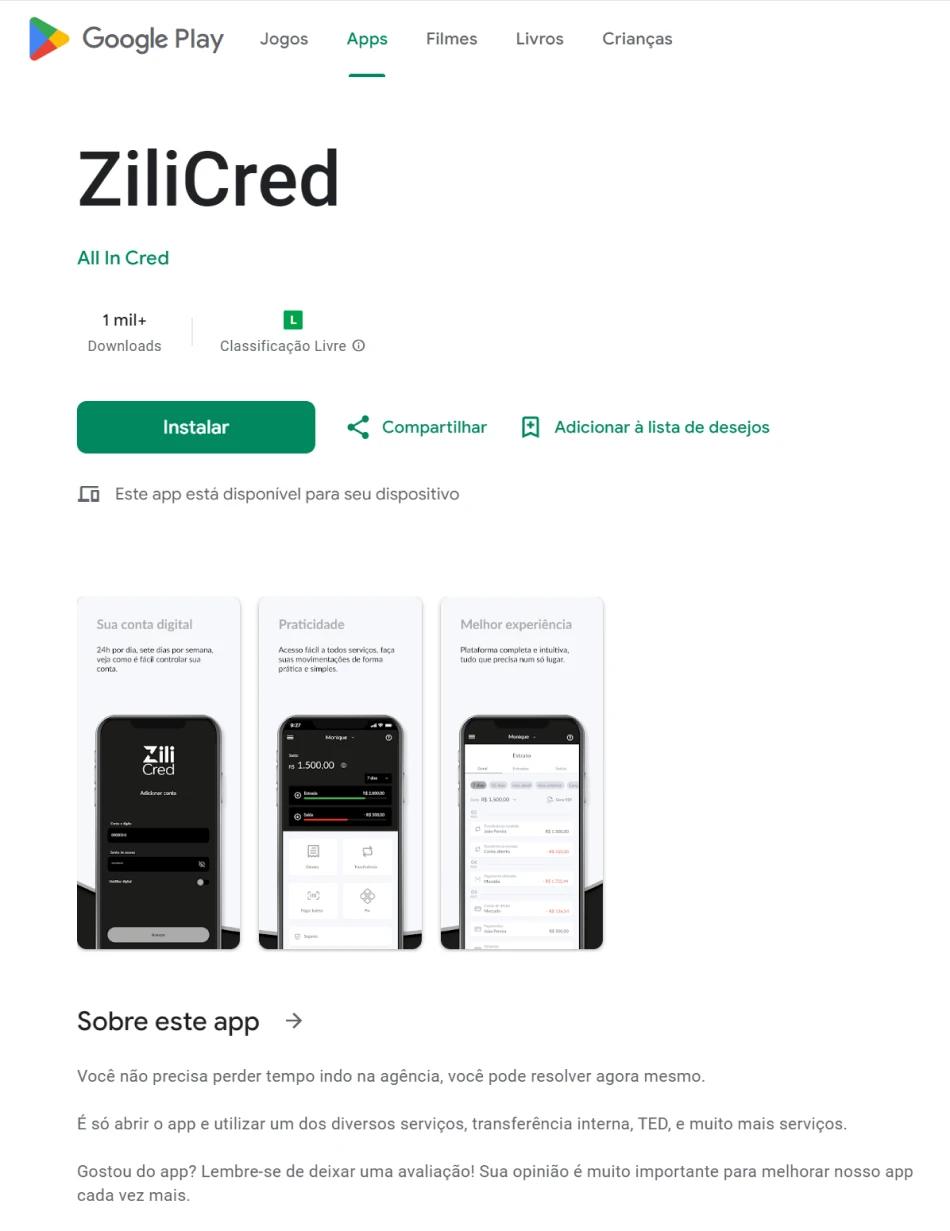 Aplicativo da ZiliCred no Google Play